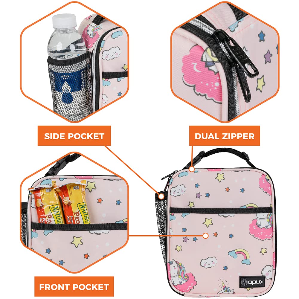 OPUX Premium Insulated Lunch Box, Soft School Lunch Bag for Kids Girls, Leakproof Small Lunch Pail Women Work, Reusable Compact Cooler Tote Lunchbox for Office, Pink Unicorn