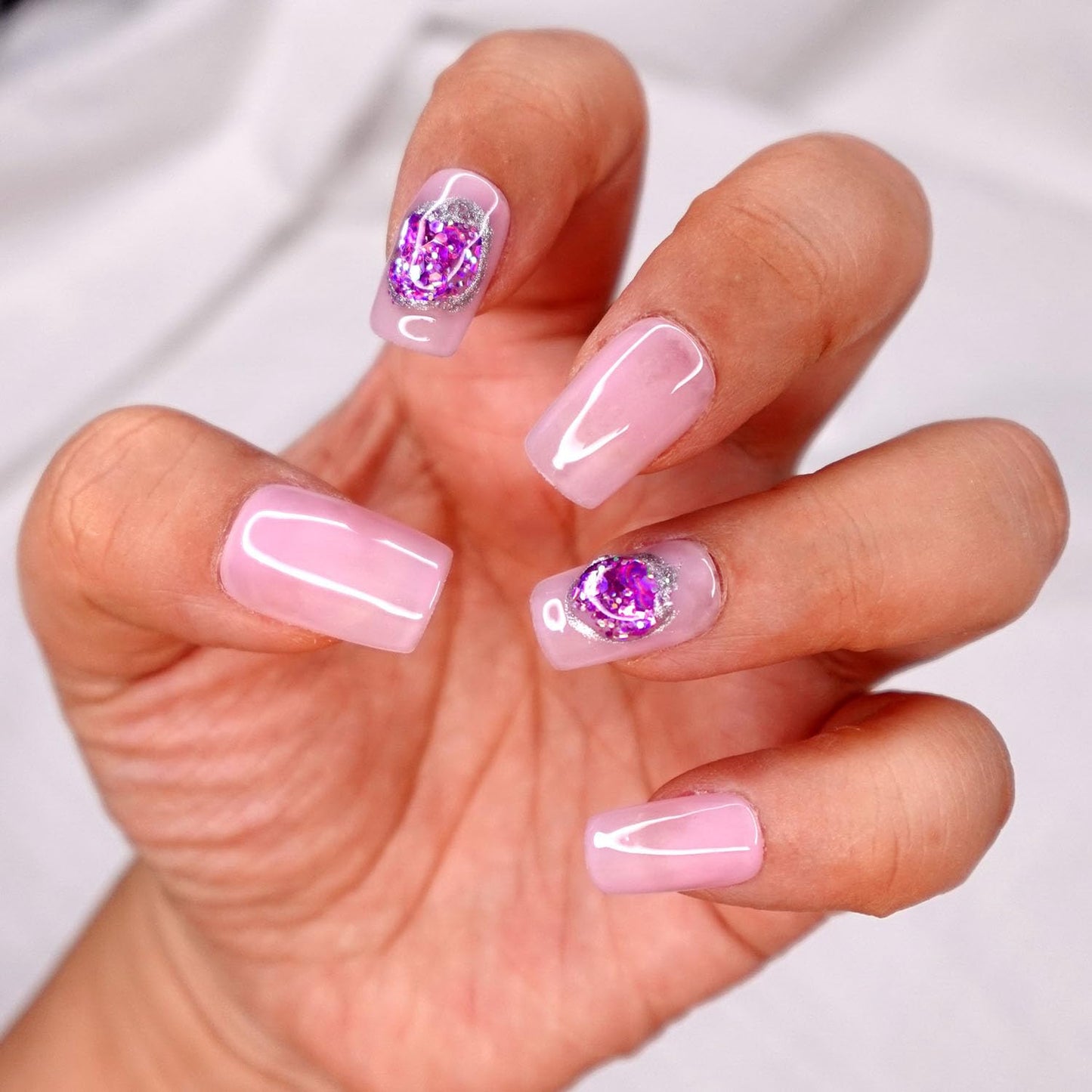 10 Pcs Handmade Press on Nails (Small, Pink Lake - Jelly Pink with Light Purple Gem Design/Short Square) A122S