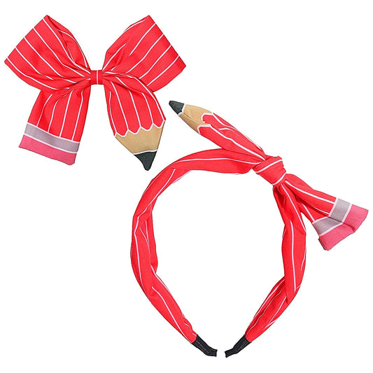 Doneace Back To School Hair Bow Clips for Girls Kids, Cute Pencil Headband for Women Teacher, Pencil Stripe Knotted Hairband Bows Alligator Hair Clip for School First Day Hair Accessories 2Pcs(Red)