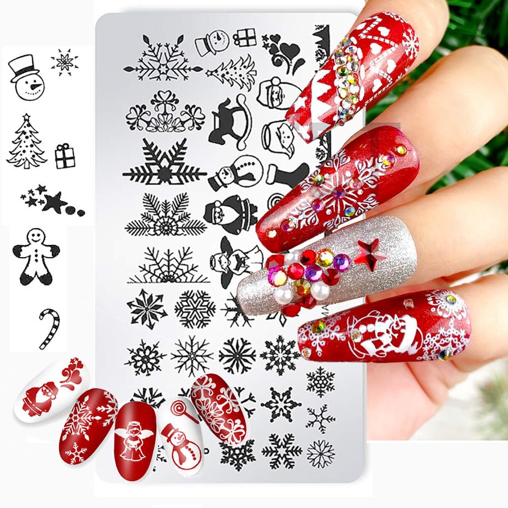 6Pcs Christmas Nail Stamper Kit Stainless Steel Image Nail Stamping Plate Christmas Snowflake Santa Claus Elk Socks Penguin Nail Stamper Templates Gel Nail Polish for DIY Christmas Nail Manicure Set