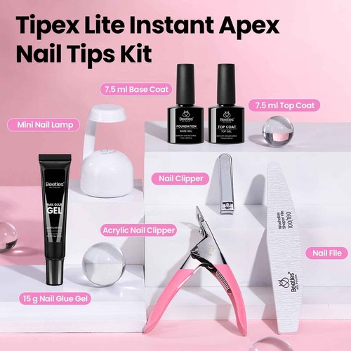 Beetles Tipex Lite Apex Nail Tips Kit, Almond Short, 192pcs 16 Sizes, with UV Nail Glue, Base & Top Coat, Mini Nail Lamp, Nail Clipper & Cuticle Nipper,Pre-Building Pre-Etched Acrylic Tips Kit