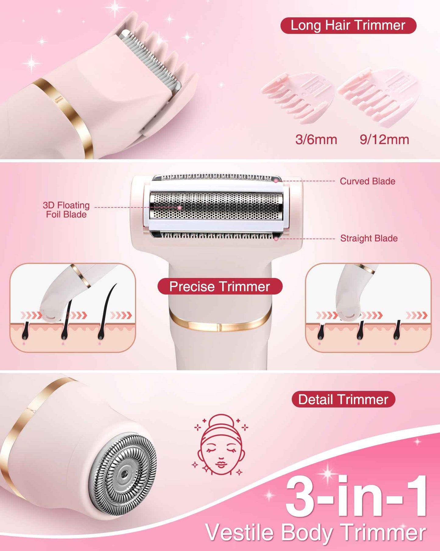 Bikini Trimmer for Women - 3-in-1 Painless Electric Razor Shaver,IPX7 Waterproof&Easy Cleaning for Pubic Hair,Face,Body with Ceramic Blades,USB Rechargeable,Wet&Dry Use(Peach)