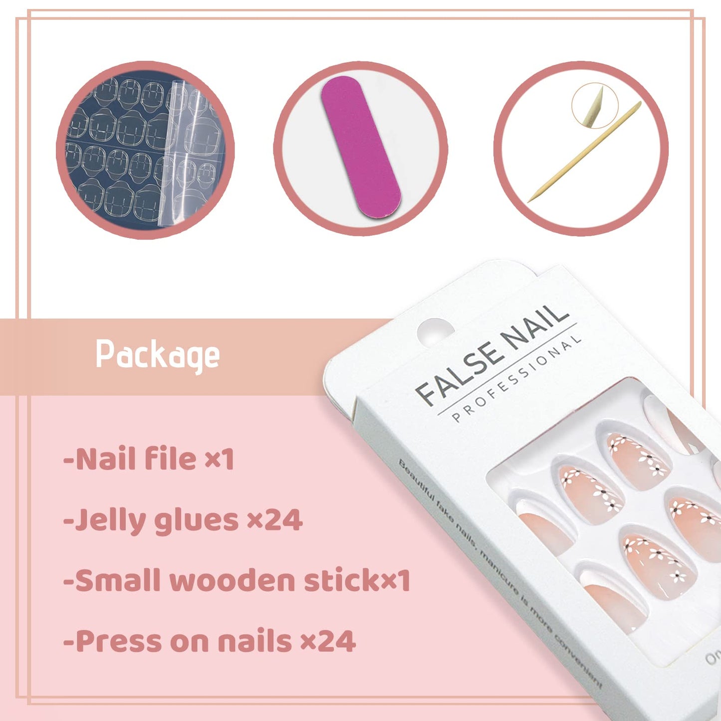 YOSOMK Cute Medium Fake Nails Almond Shaped Press on Nails with White Flower Design Glossy Glue on Static Nails French Tip Stick on Acrylic Nails for Women