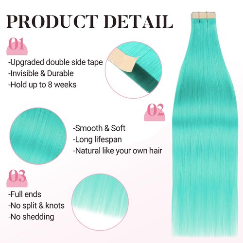 MAXITA Tape in Hair Extensions Human Hair Teal Green Tape in Extensions, 10pcs 25g 14 Inch Remy Invisible Tape Ins Straight Colored Soft Real Human Hair Tape in Extensions Natural Hair Extensions