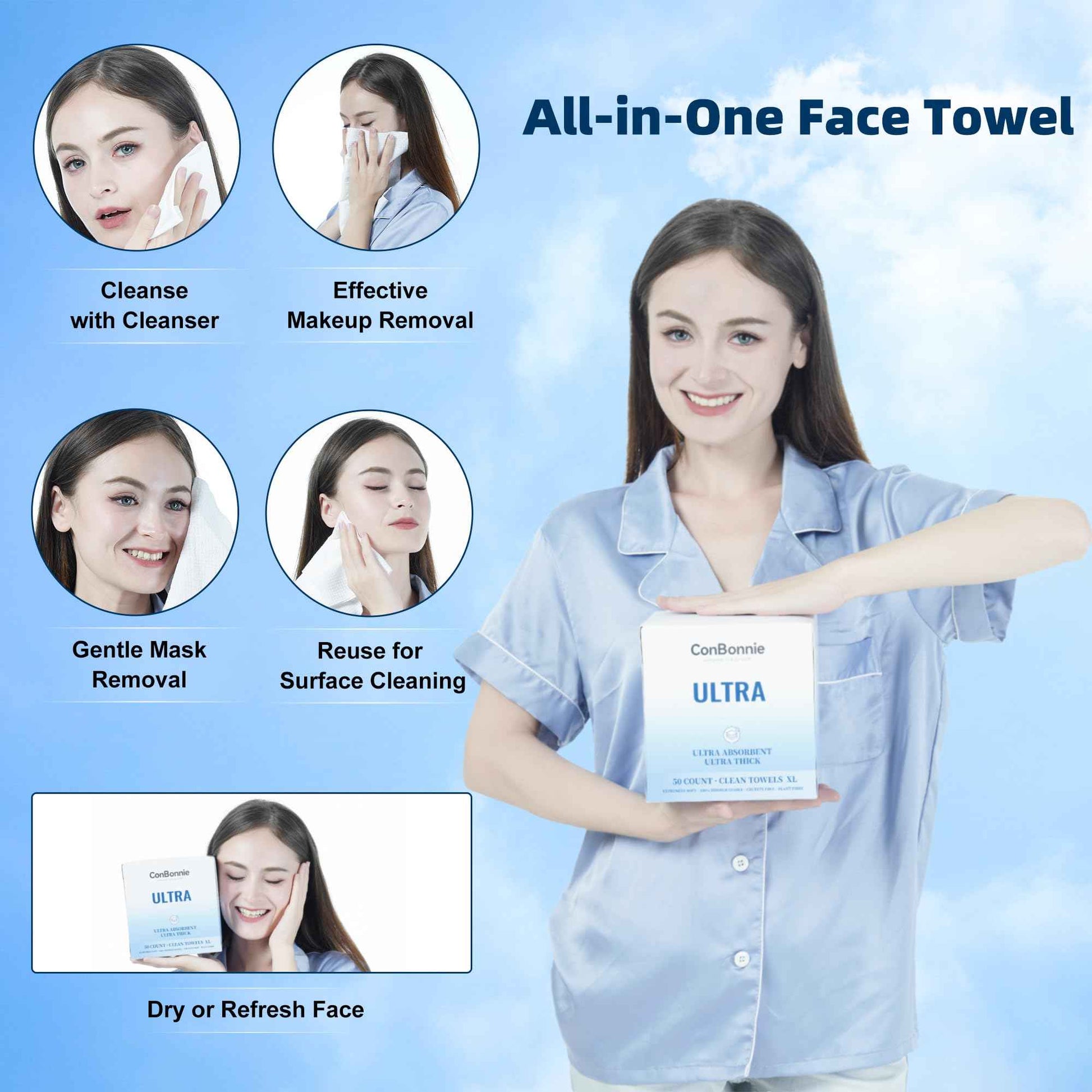 Conbonnie Clean Face Towels XL, 10"×12" Biobased Facial Towels, Disposable Face Towelette, Makeup Remover Dry Wipes, Extra Thick and Soft for Skin Care, Clean Skin, 200 Count (4 Pack)