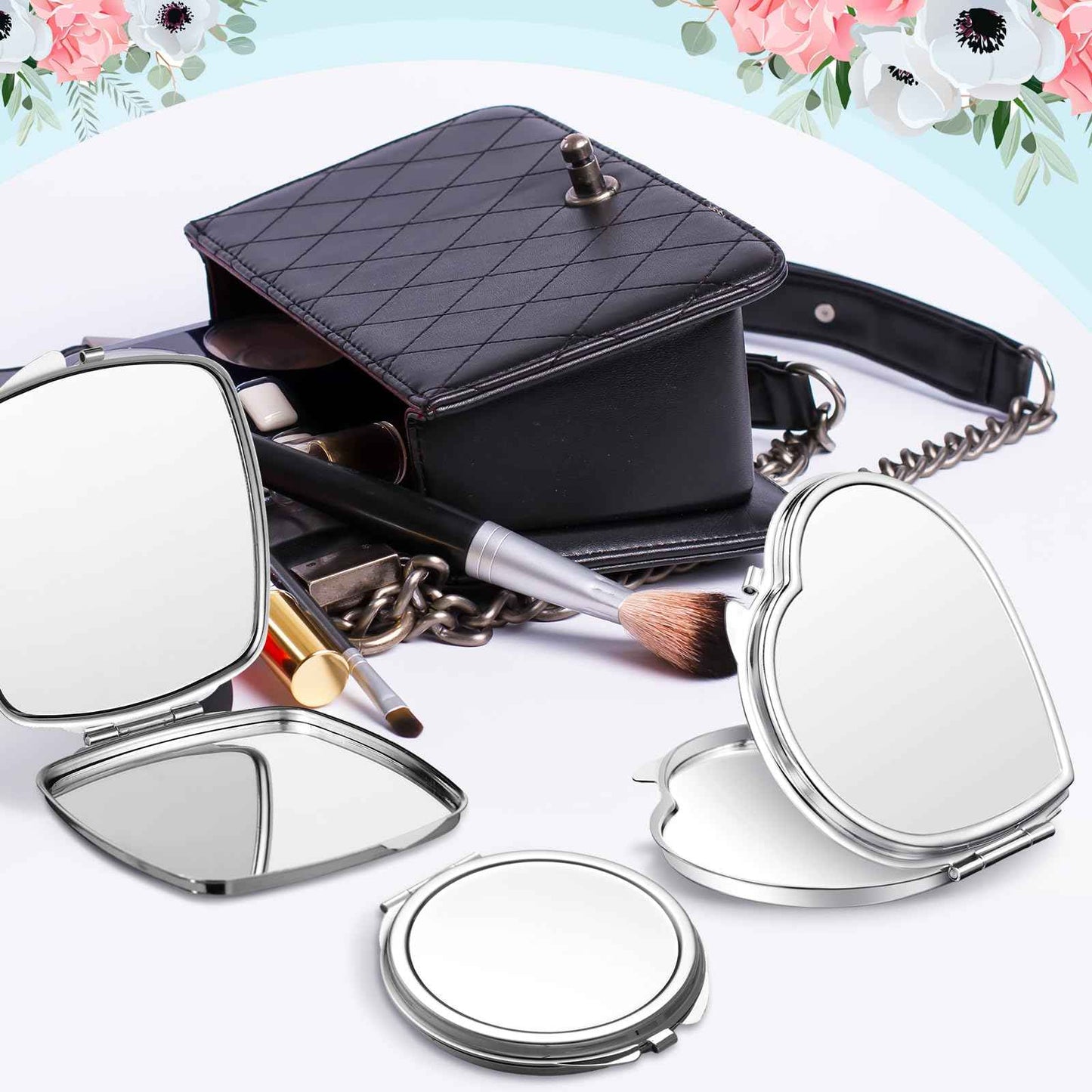 Jetec 18 Pcs Sublimation Blanks Products Small Compact Mirror Bulk Heat Transfer Folding Pocket Makeup Mirror Heart Round Square Double Sided Handheld Sublimation Mirror for Women Gift Purse Travel