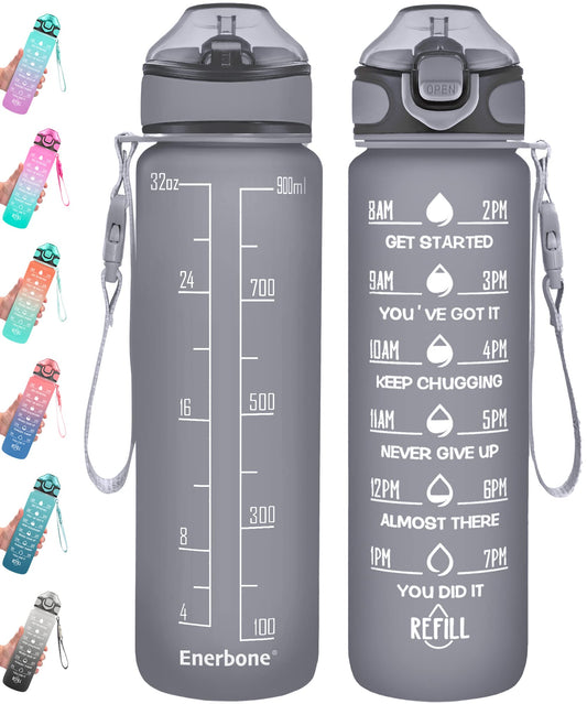 Enerbone 32 oz Drinking Water Bottle with Times to Drink and Straw, Motivational with Carrying Strap, Leakproof BPA & Toxic Free, Ensure You Drink Enough Water for Fitness Gym Outdoor