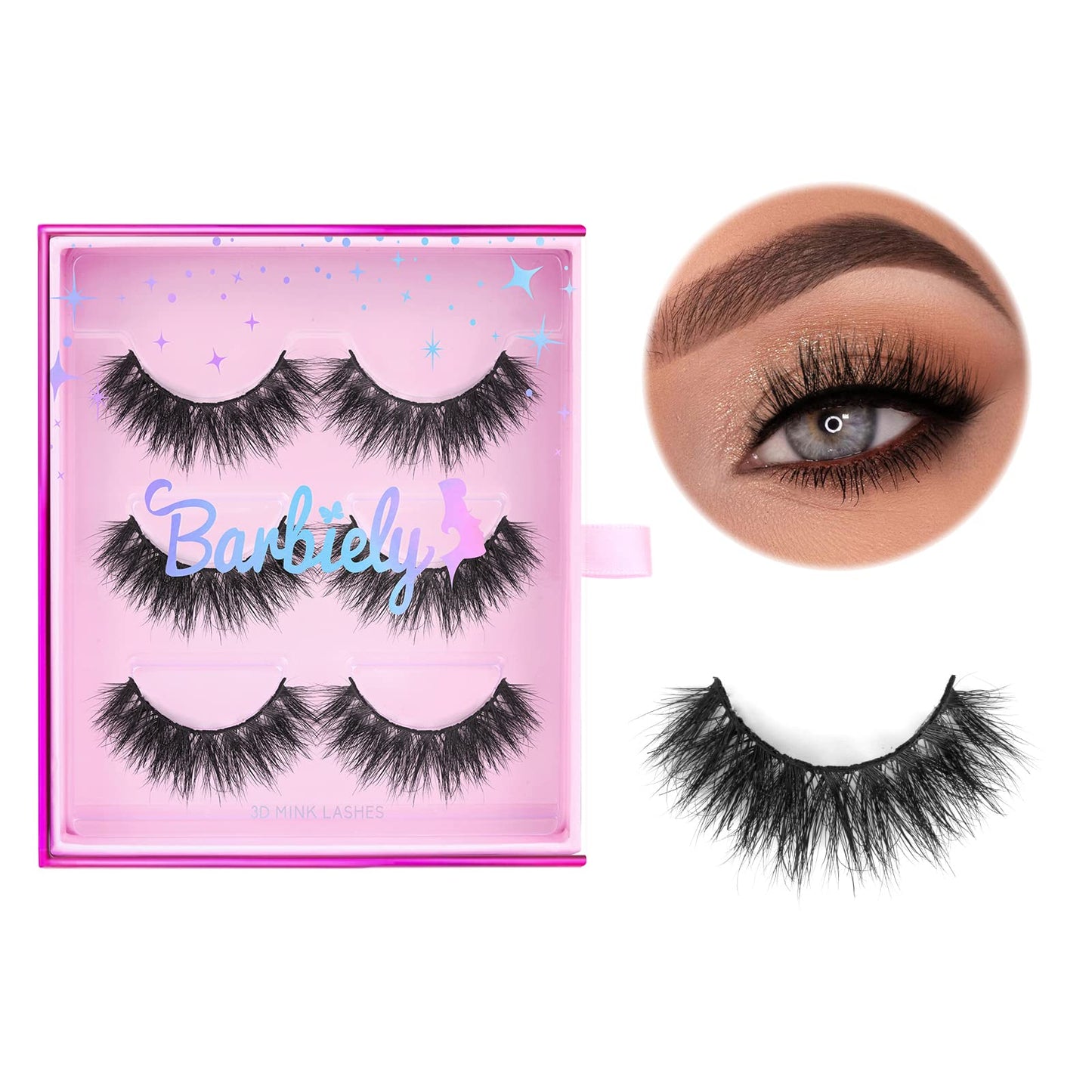 Barbiely 18MM Mink Eyelashes, 3 Pairs Cat Eyes Lashes, 3D Lashes Mink,Siberian Mink Fur False Eyelashes, Dramatic Round Look, 100% Handmade & Cruelty-Free Fluffy Volume Wispy Lashes(DREAM)