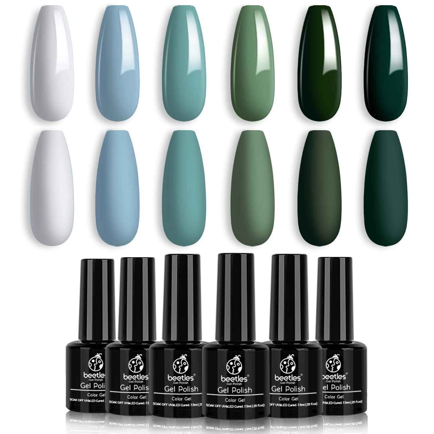 Beetles Blue Green Gel Nail Polish Kit - 6 Colors Misty Gray Dark Green Gel Polish With 3 Pcs Base coat No Wipe Top Coat - Matte Gel Top Coat