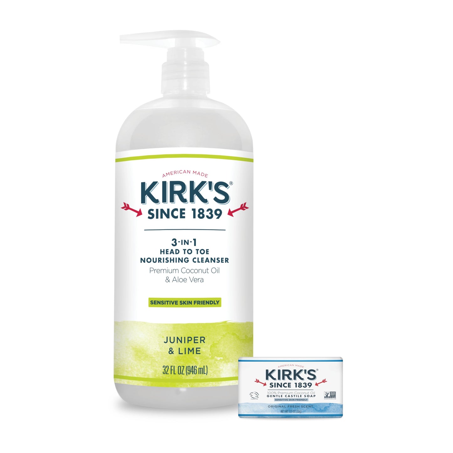 Kirk's 3-in-1 Castile Liquid Soap Travel Size Bar Soap (1.13 oz.) | Head-to-Toe Clean Shampoo, Face Soap & Body Wash for Men, Women & Children | Juniper & Lime Scent | 32 Fl Oz.