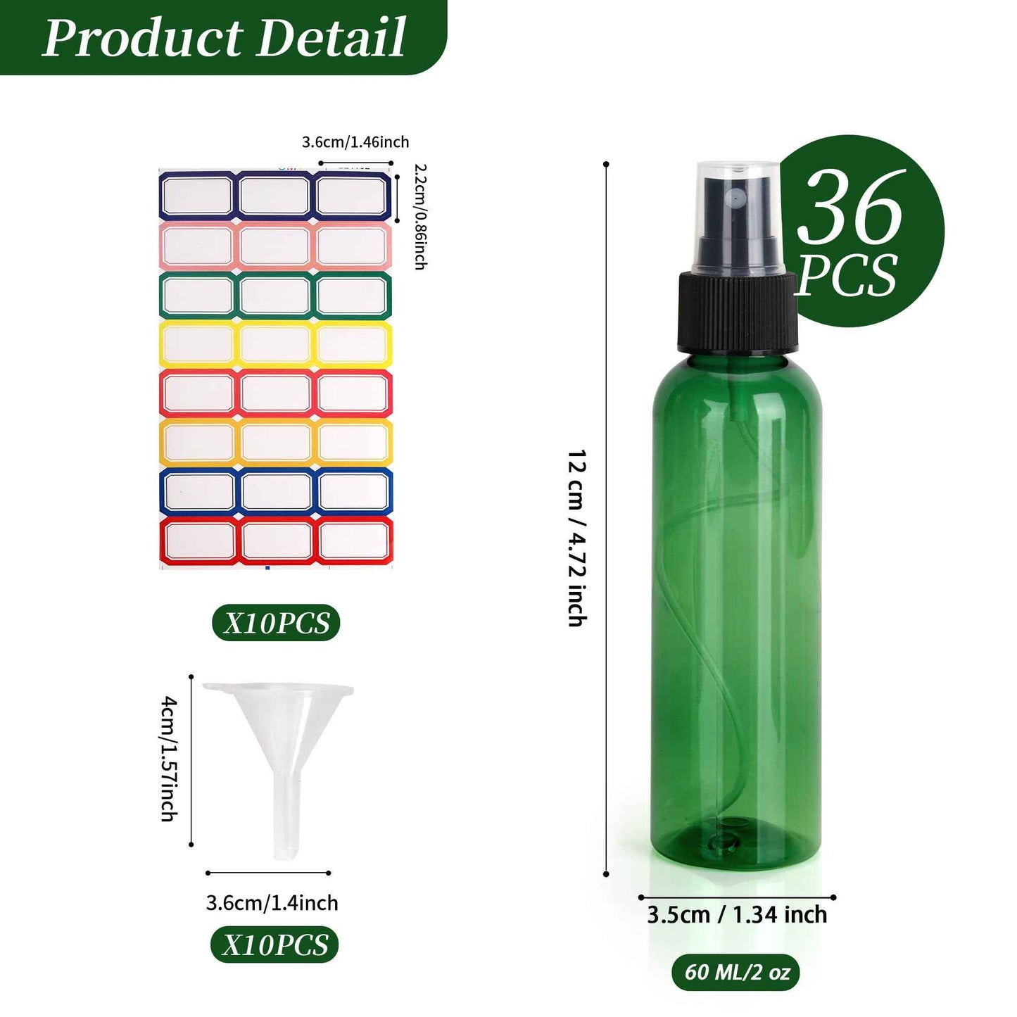 YEUIKERR 36 Pack Green Fine Mist Small Spray Bottles 2 oz/60 ml Plastic Spray Bottles Refillable Empty Mini Travel Sprayer Bottle Bulk for Essential Oils