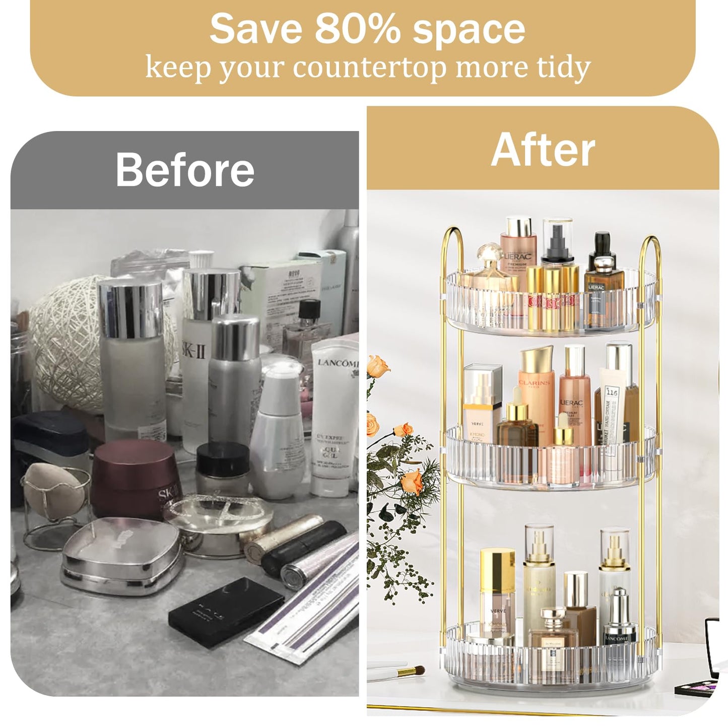 MOKANI 360 Rotating Makeup Organizer for Vanity, 3 Tier Adjustable Perfume Organizer for Dresser, Multi-Function Spinning Cosmetics Skincare Organizer for Bedroom, Dresser, Countertop, Clear