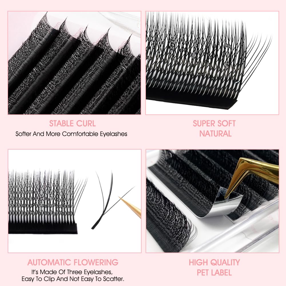 NATUHANA Sandwich Clover W Shape Eyelashes Extension Dual-Core 3D Premade Fans 0.07mm C Curl 9-15mm Mixed Tray Lash Extensions Blooming Flower Eyelash 12 Rows/Case (S3D black;0.07 C, 9-15 MIX)