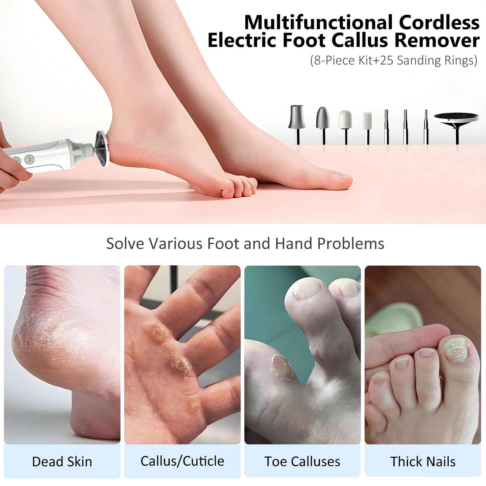 Electric Foot Callus Remover,Cordless Electric Foot File with LED Light,5000RPM-Faster Callus Remover for Feet,8-in-1 Foot Scrubber Perfect for Dead,Hard Cracked Dry Skin,Thick Toenail Ideal Gift