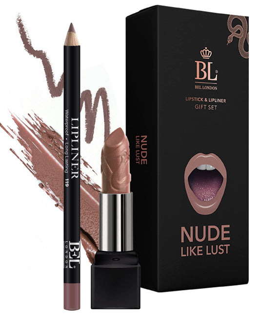 BL Color Matched Lip Liner & Lipstick Set (Nude) - Full-Coverage Argan Long Lasting Lipstick and Lip Liner Set With Natural Oils for Nourishment, Hydration, & Protection - Chemical-Free