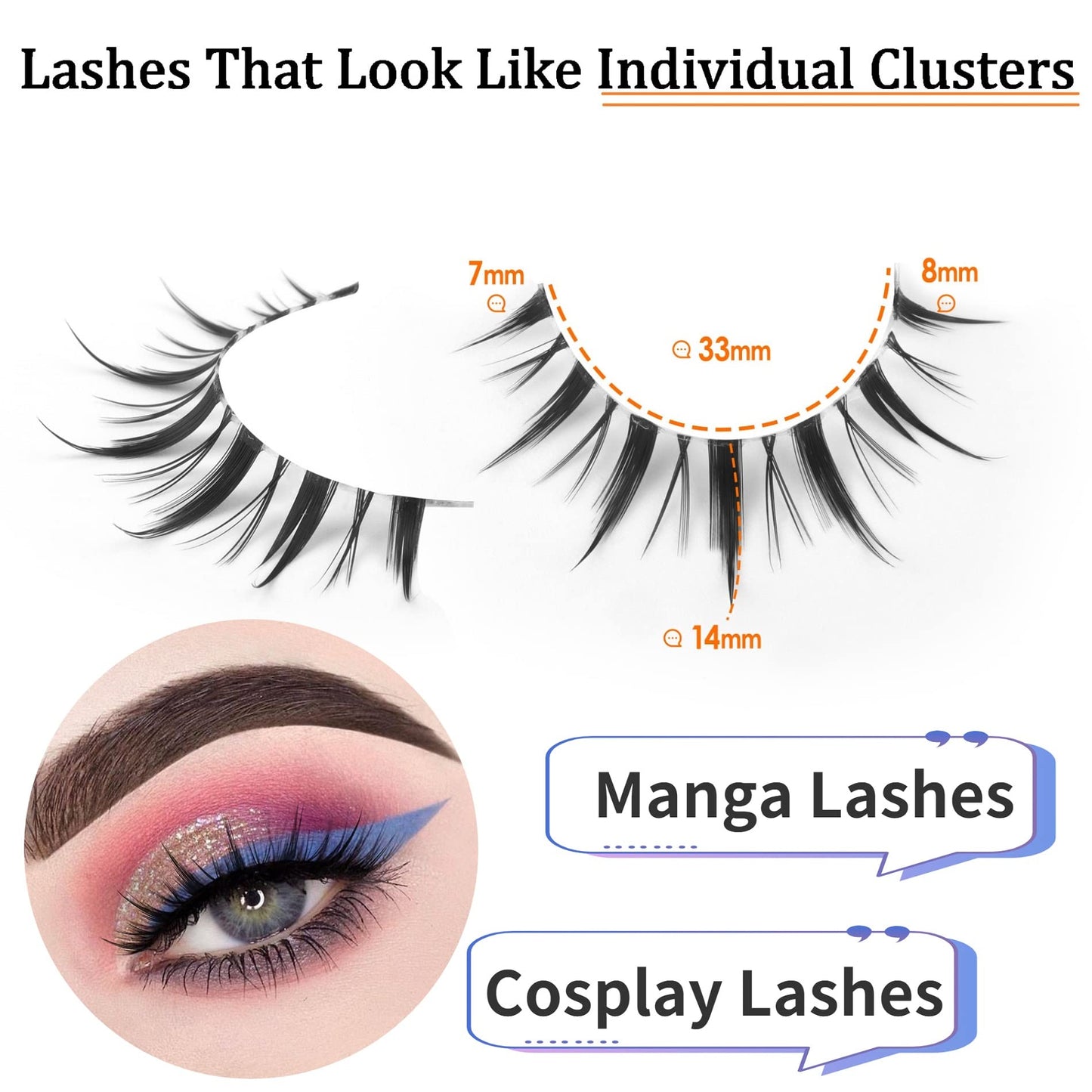 Geeneiya Manga Lashes Natural Look Anime False Eyelashes Faux Mink Eye Lashes Pack D Curl Strip Fake Lashes Chinese Korean Japanes Makeup,10 Pairs