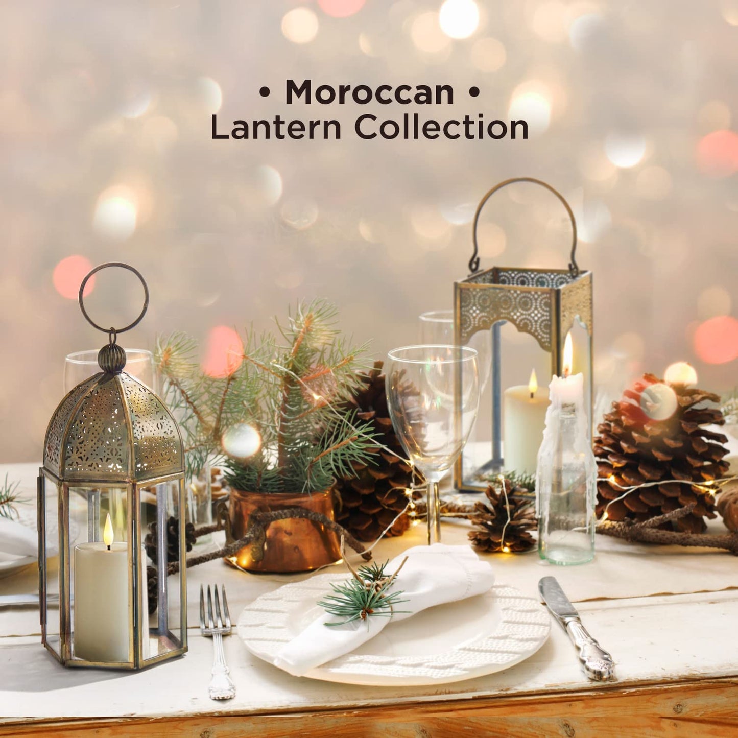 LampLust Moroccan Lantern Candle Holder, 2 Pack, 6.5 Inch, Aged Brass Decorative Lanterns for Table Top Decor, Metal & Glass Candle Lantern, Eid Ramadan Fanoos Seasonal Decor, Wedding Centerpieces