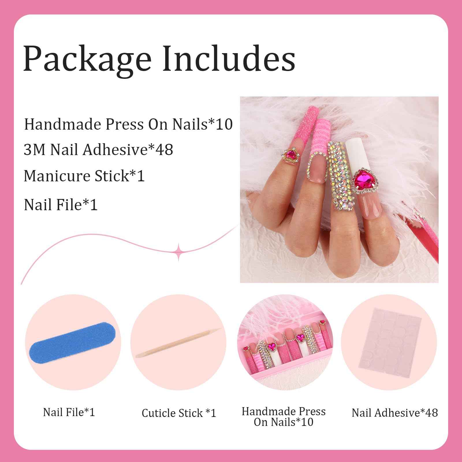 Handmade Long Acrylic Nail Tips, Pink Press on Nails with Full Covered Crystals, Fake Luxury Diamond Nails, Long Square False Nails, Gifts for Women, Reusable Stick On Nails 10Pcs,Hot pink Size M