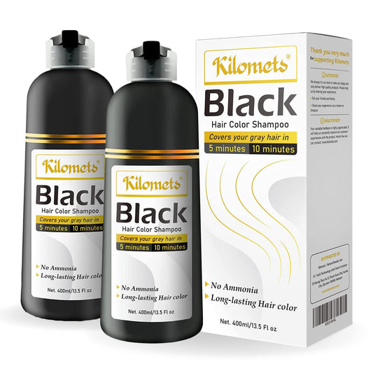 Kilomets Black Hair Dye Shampoo 400ml- Pack 2-100% Grey Coverage in Minutes - Ammonia Free Hair Color Shampoo Gray Silver Hair- Instant Coloring At Home Gift for Her for Him