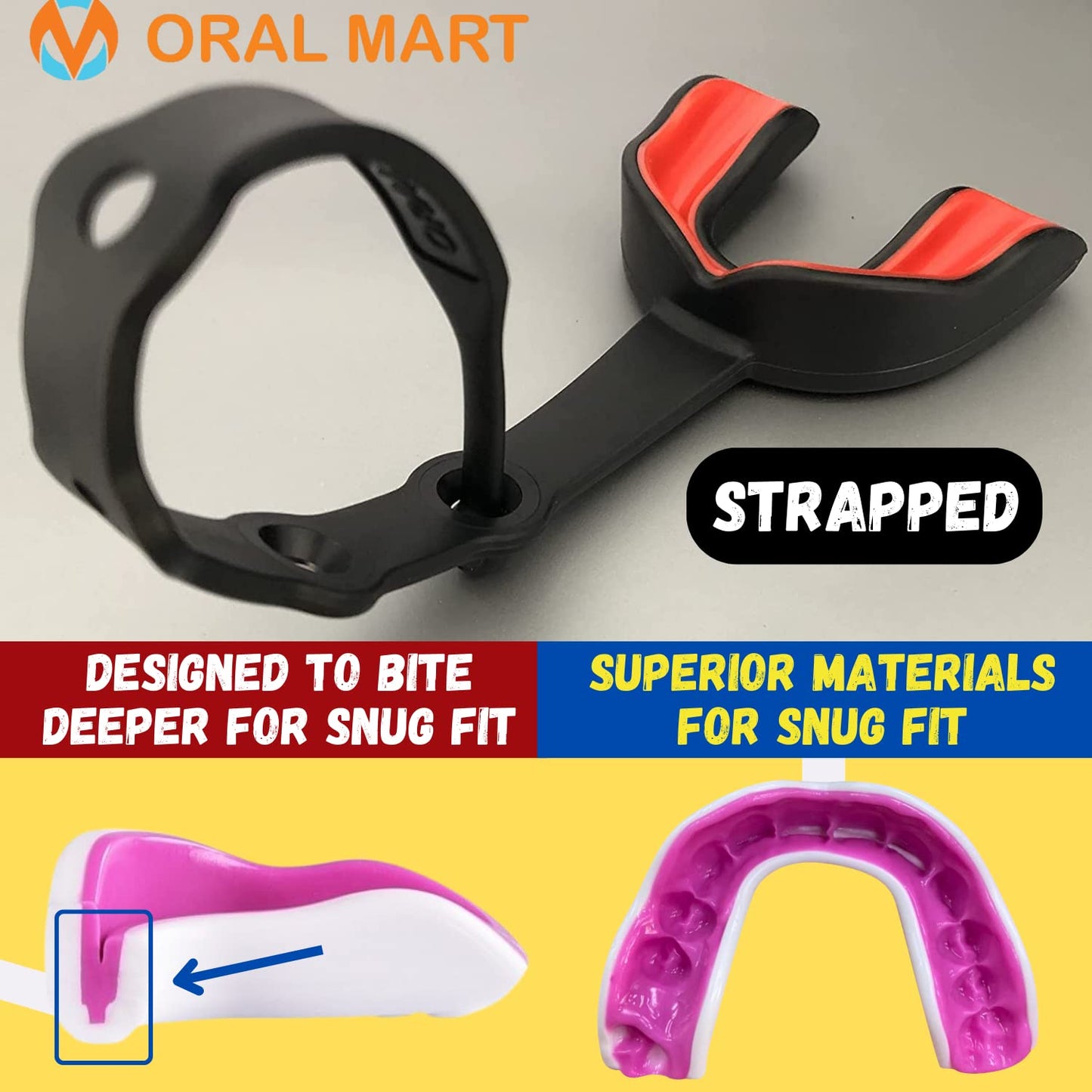 Oral Mart Black/Red Strapped Youth Mouth Guard for Kids - Sports Mouthguard with Connected Strap for Football, Ice Hockey, Lacrosse, Taekwondo