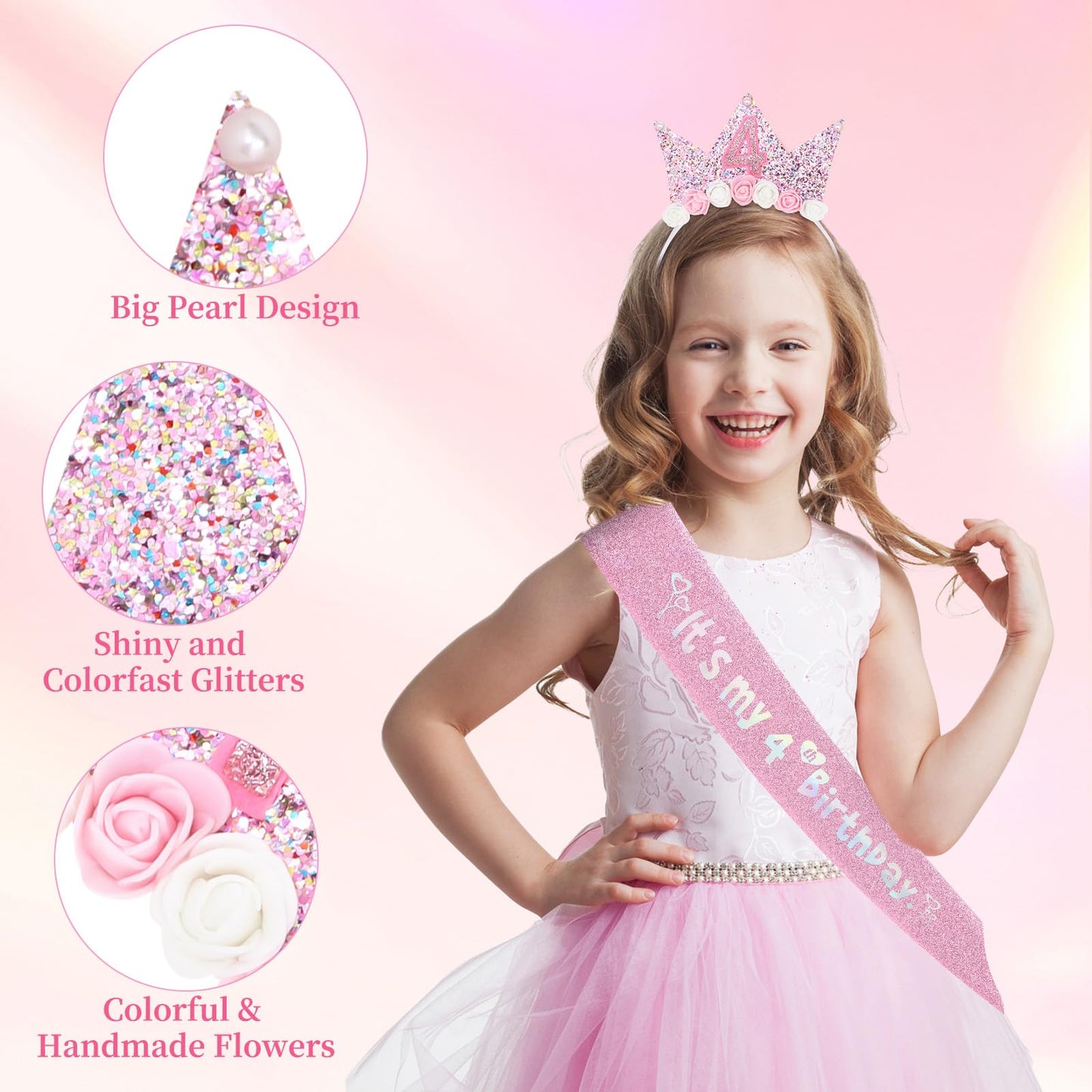 YARIEW 4th Birthday Decorations for Girls, 4th Birthday Headband and Glitter Birthday Sash Kit, Birthday Tiara Flower Princess Crown Headband It's My Birthday Sash Birthday Girl Outfit