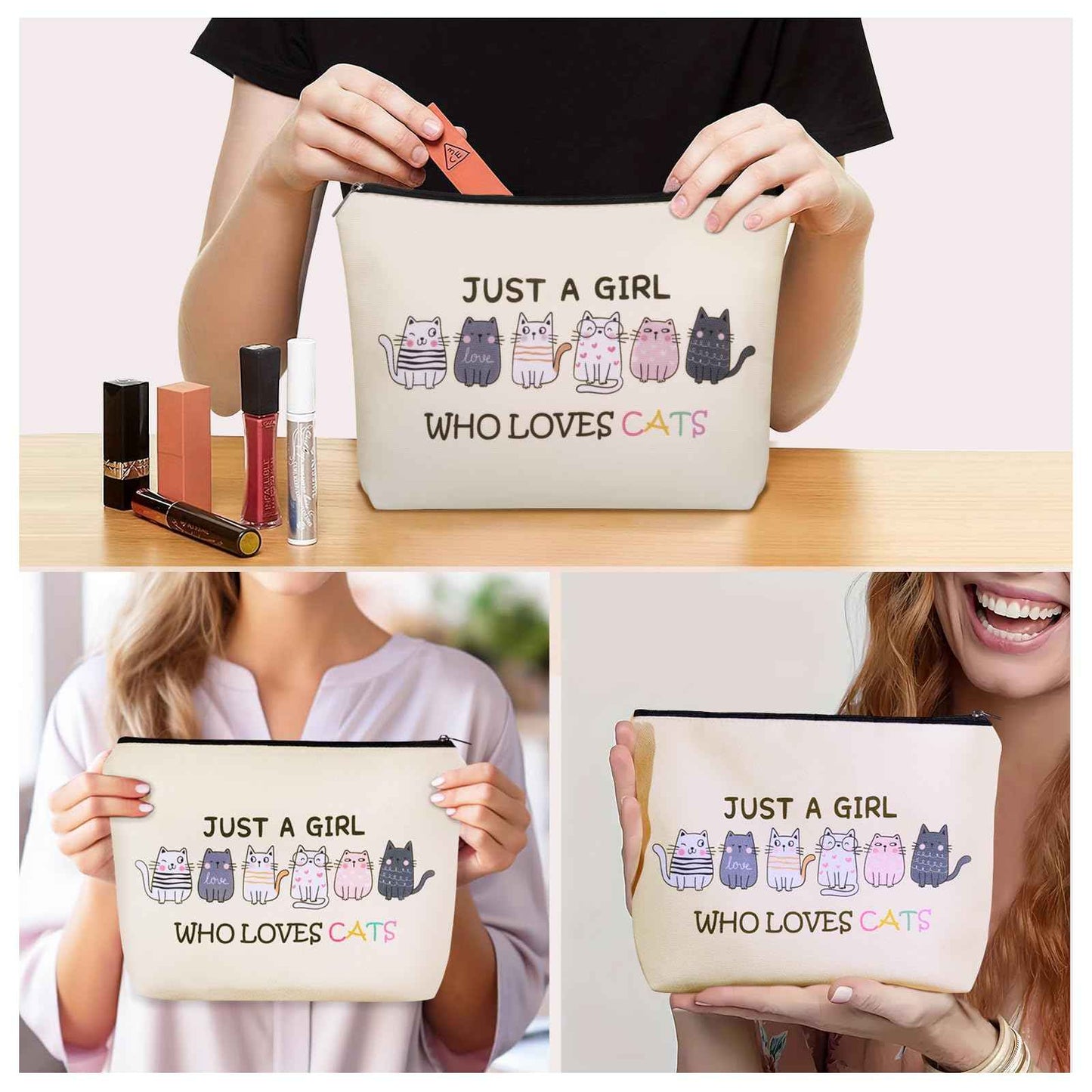 Girlly Cat Makeup Bag For Cat Lover Christmas Gift: Cute Cosmetic Bag & Toiletry Pouch Just A Girl Who Love Cats Themd For Mom, Daughters, Friends,Teen Girl & Women.Ideal Gifts For Travel, Birthdays.