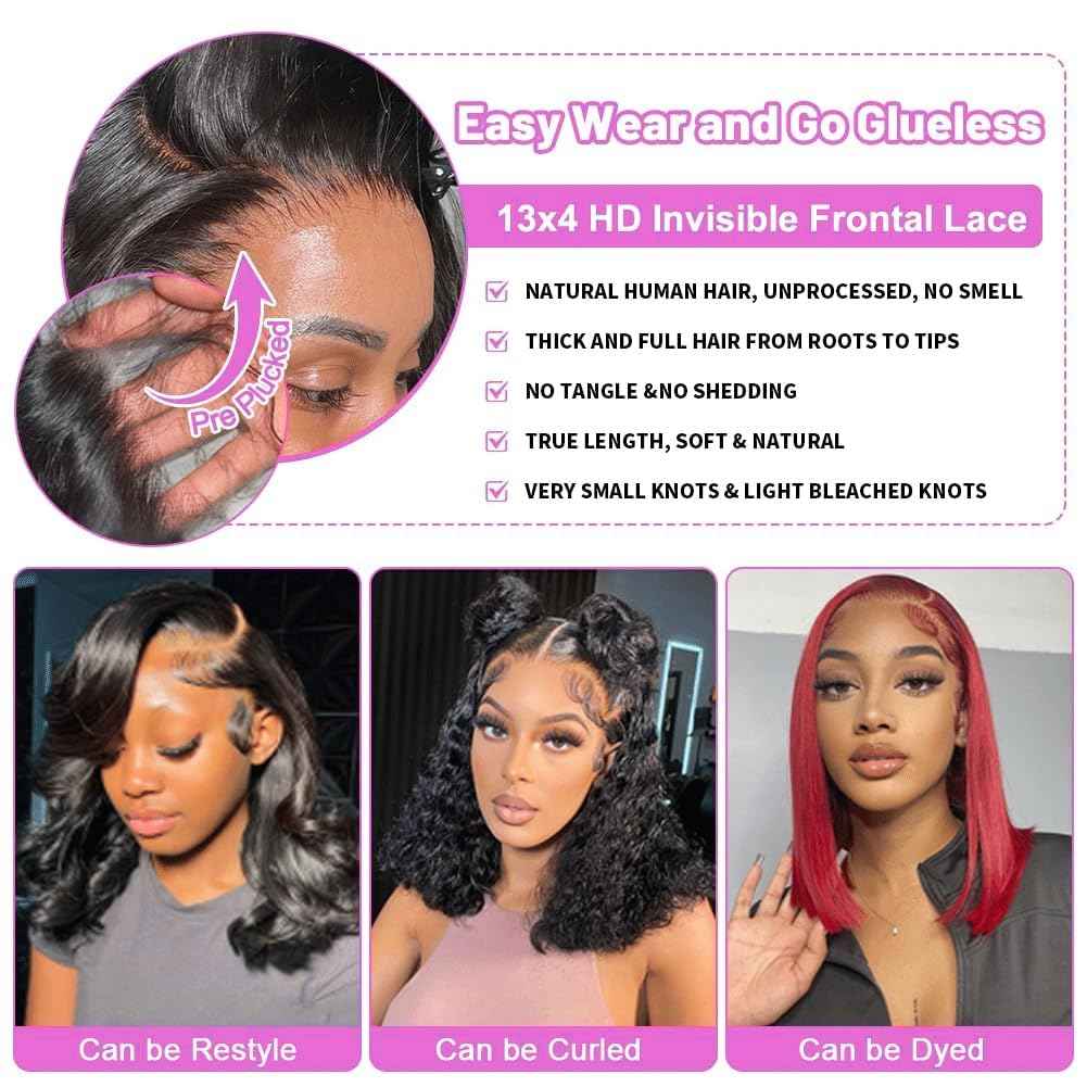 XNAIRA Bob Wig Human Hair 13x4 HD Lace Front Wigs for Women 180% Density 100% Brazilian Virgin Straight Short Bob Human Hair Wig Glueless Pre Plucked Natural Black Color 12 Inch