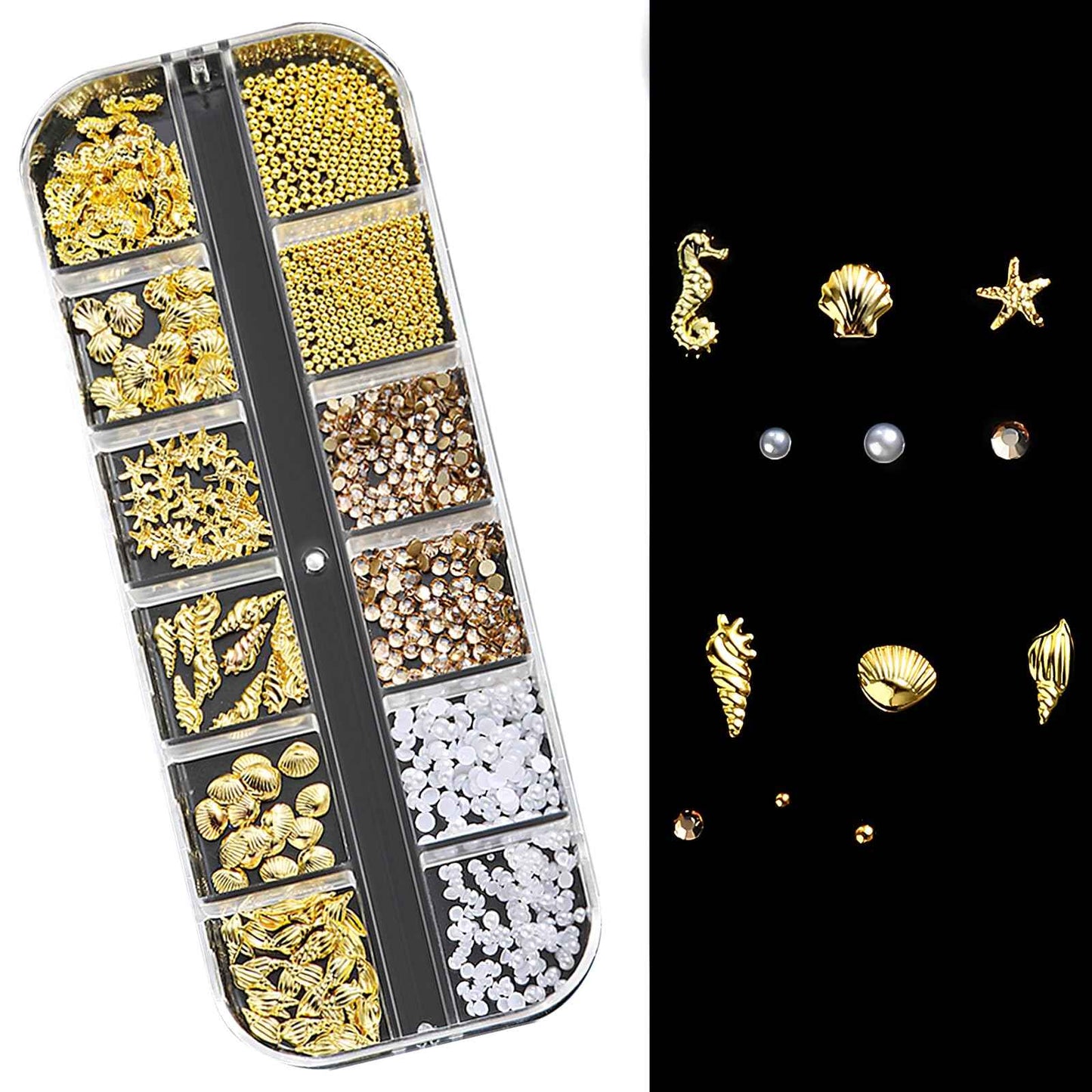 Jremg Summer Nail Charms 3D Steel Studs Metal Art Charms Seashell Starfish Gold Nail Rhinestones Pearls Ocean Theme Designs 12 Grids