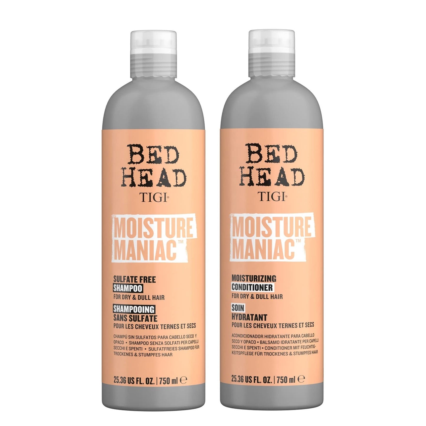 Bed Head by TIGI Shampoo and Conditioner For Dry Hair Moisture Maniac Sulfate-Free Shampoo & Moisturizing Conditioner with Argan Oil 25.36 fl oz 2 count, Orange