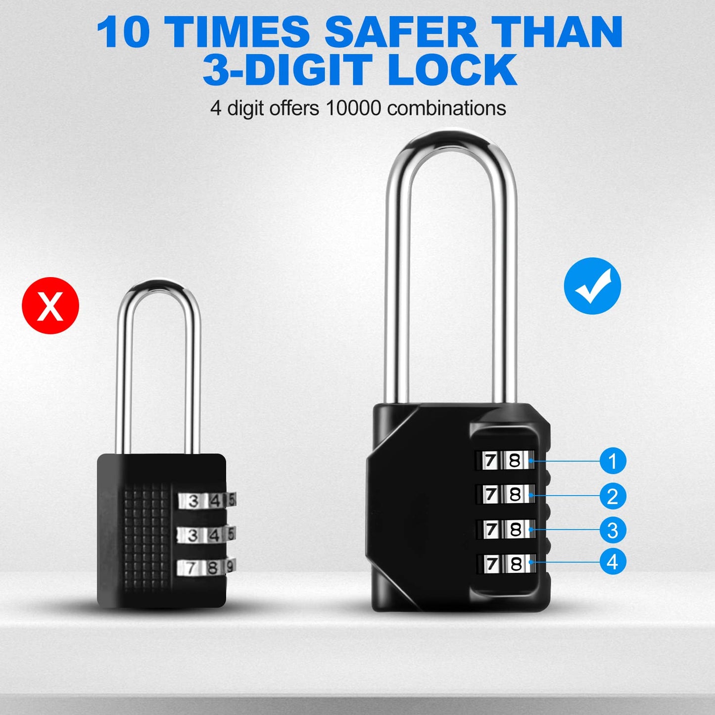 Combination Lock, 4 Digit Combination Padlock for School Gym Sports Locker, Fence, Toolbox, Case, Hasp Cabinet Storage (Long Shackle, 2 Pack, Black)