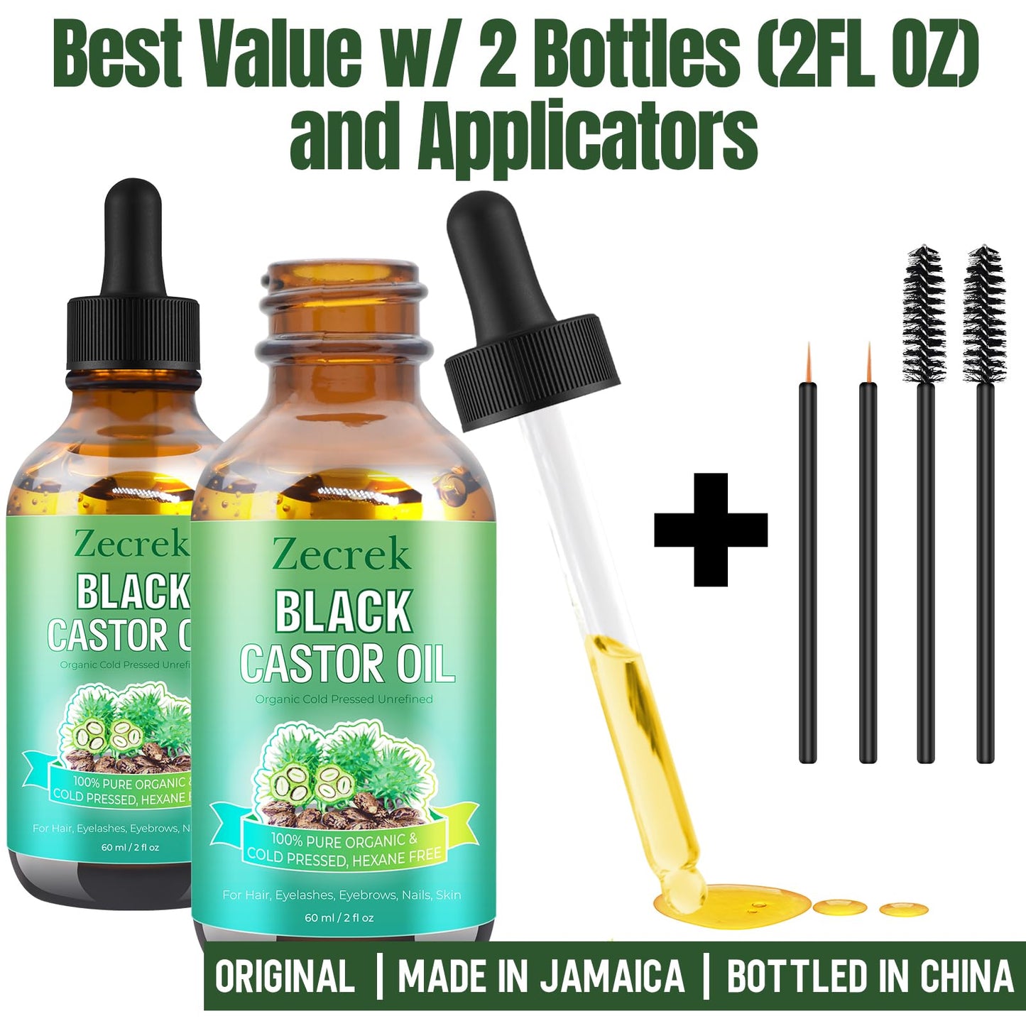 ZecRek 2 Bottles(4fl.oz) Jamaican Organic Black Castor Oil,100% Pure Cold Pressed Castor Oil for Hair,Skin,Body,Face,Nail,Thicker Eyelash Growth Serum to Grow Lashes,Hexane Free Unrefined Glass Bottle