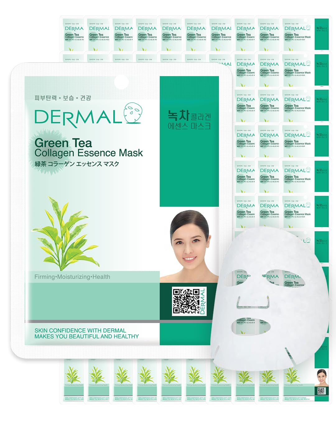 DERMAL Green Tea Collagen Essence Facial Mask Sheet 23g Pack of 100 - Hydrating and Soothing for Sensitive Oily Skin, Revitalize Dull Skin, Daily Skin Treatment Solution Sheet Mask