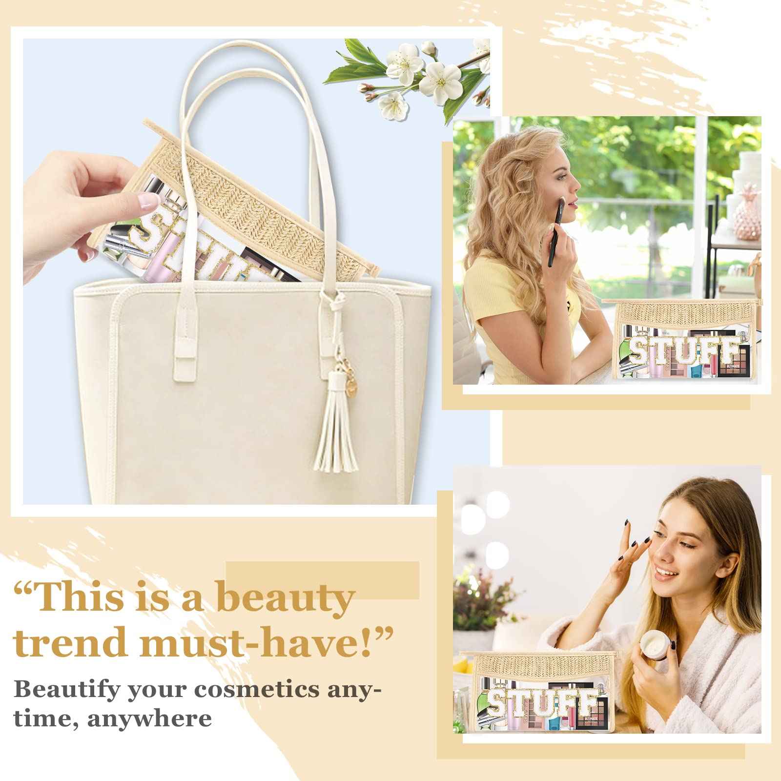 Boho Clear Makeup Letter Patch Makeup Bag STUFF Pouch, Clear Toiletry Bags Travel Small Cute Stadium Chenille Letter Cosmetic Zipper Pouch Purse, Waterproof Glitter Makeup Organizer for Women(STUFF)