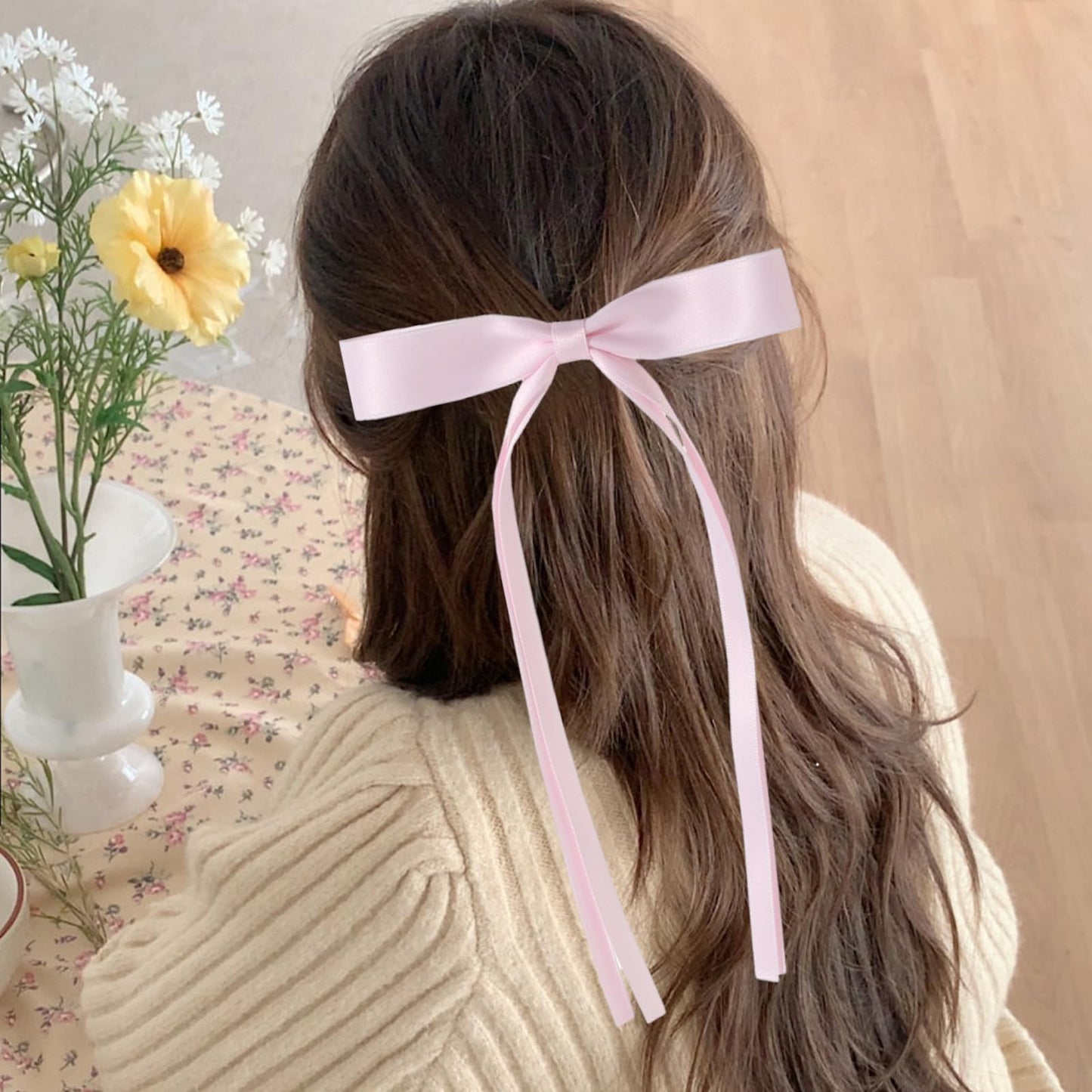 Bow Hair Clips for Women Long Tail Tassel Ribbon Bow Hair Barrettes Women Hair Accessories French Ballet Style 6 Pcs（Pink, Beige, Black, White, Blue, Green）