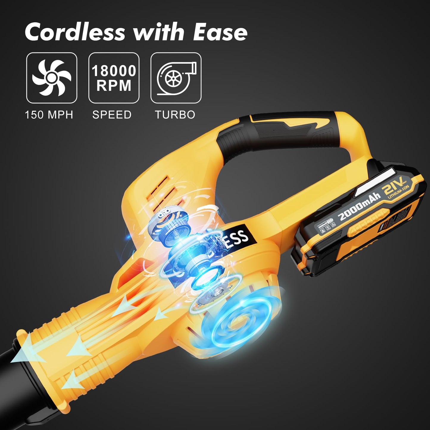 Leaf Blower Cordless - 21V Electric Cordless Leaf Blower with 2 Batteries and Charger, 2 Speed Mode, 2.0Ah Lightweight Battery Powered Leaf Blowers for Lawn Care, Patio, Blowing Leaves Lemon Yellow