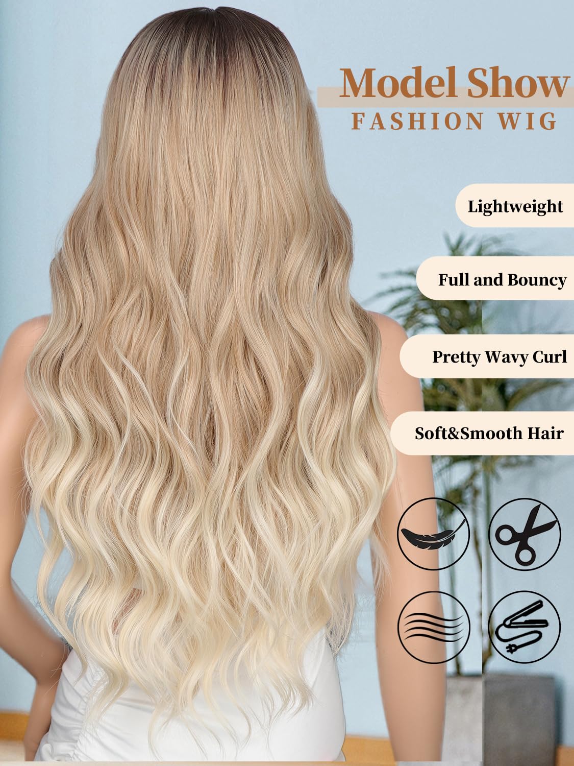 XIXIBI Long Dirty Blonde Wigs for Women, 26 Inch Ombre Blonde Curly Wavy Wig, Middle Part Lace Front Natural Looking Synthetic Wig for Daily Party Use