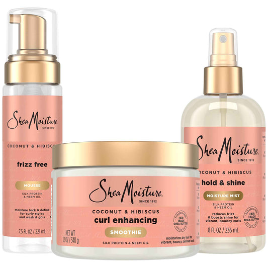 SheaMoisture Curl Care Bundle, Coconut & Hibiscus, Curl Enhancing Smoothie, Hold & Shine Moisture Mist, Frizz Free Mousse for Curly Hair, Wavy Styles