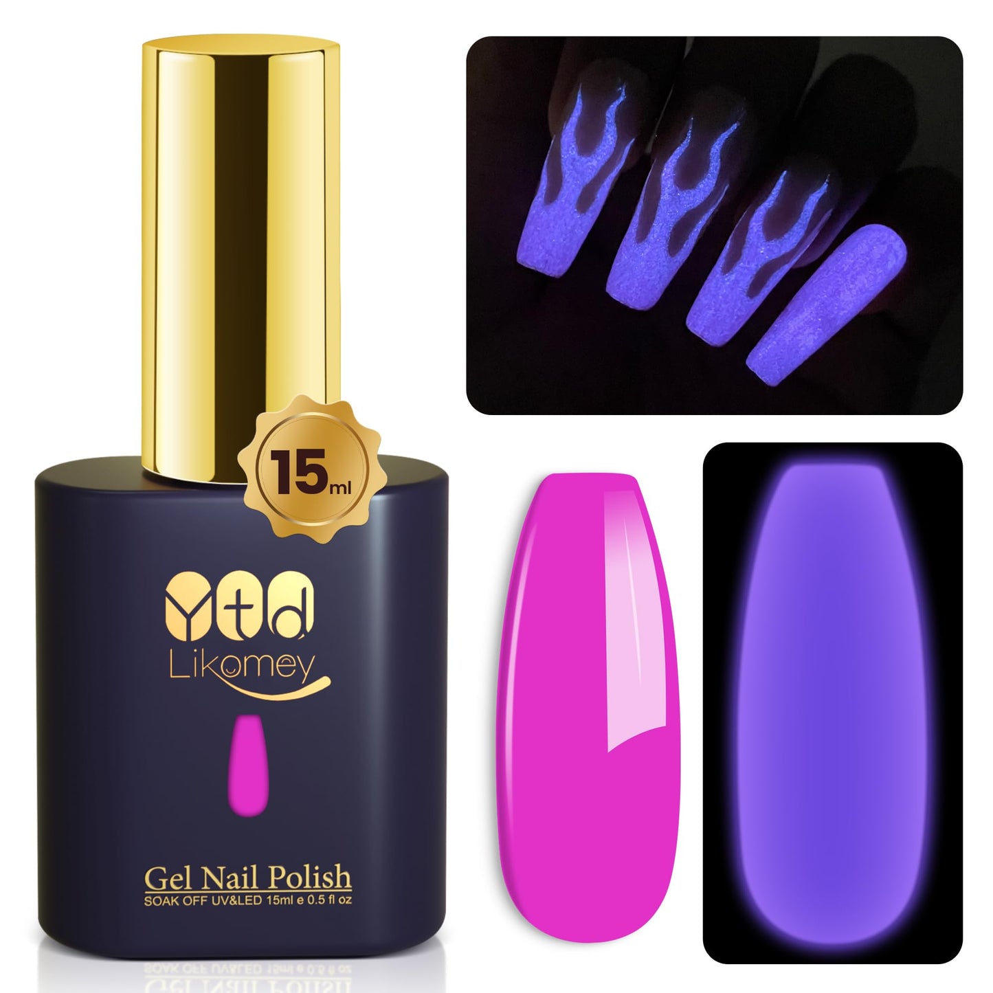 YTD Likomey Glow in the Dark Gel Nail Polish,15ml Hot Pink Color Purple Luminous Glow Effect UV Gel,Fluorescent Manicure Pinkish Purple Salon Home DIY UV Manicure Nail Art Varnish,YG380