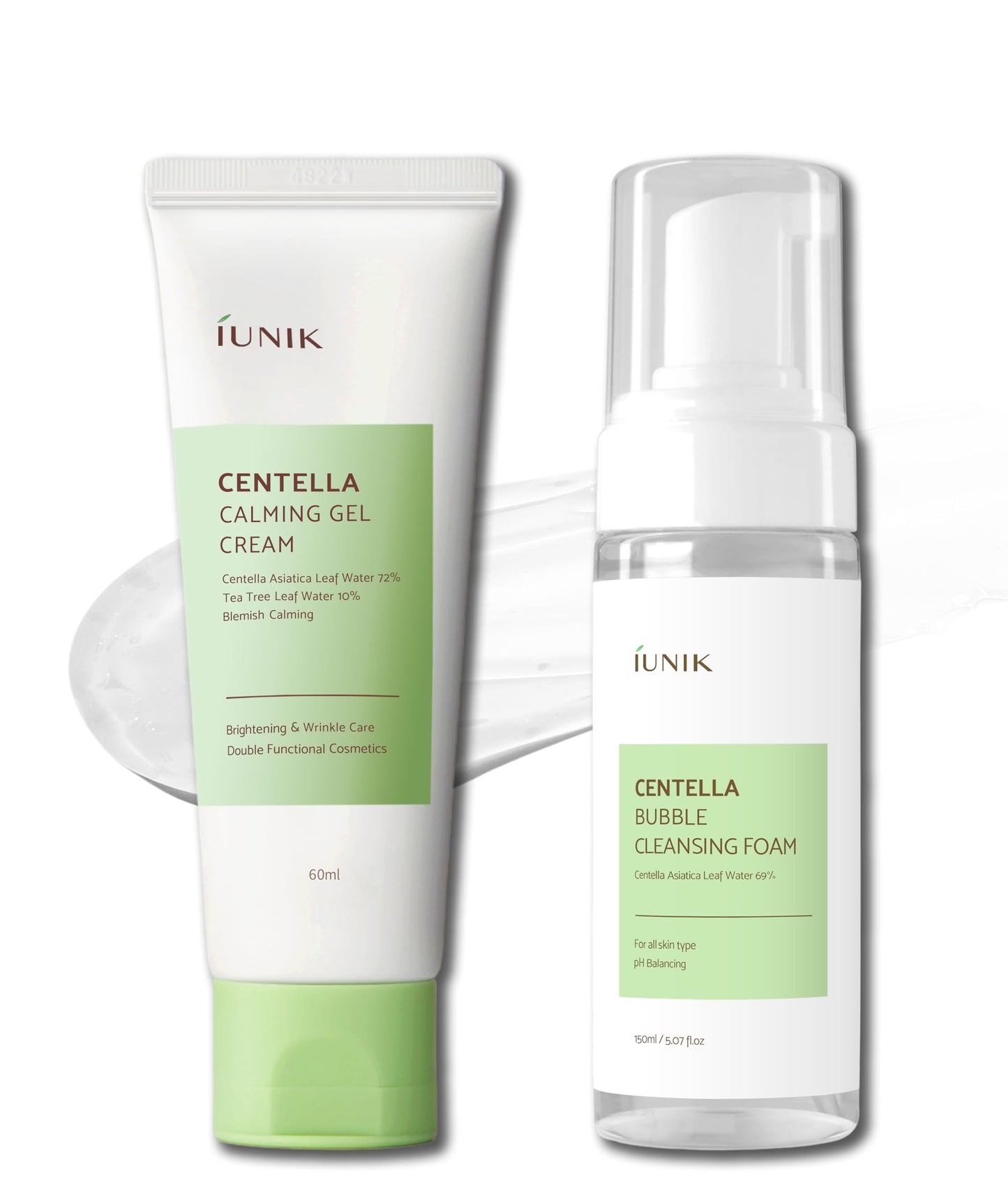 IUNIK Centella Calming Gel Cream & Bubble Foaming Facial Cleanser Vegan Non-Stripping Non-Sticky Moisturizing Exfoliating Soothing Blemish Care for Oily Sensitive Acne-Prone Skin Korean Skincare