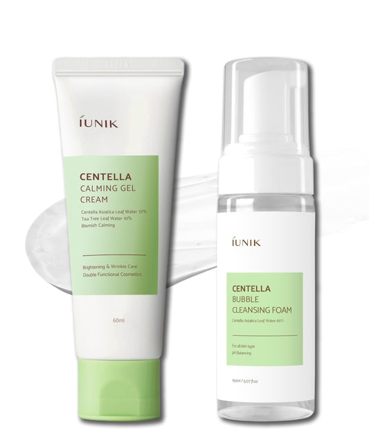 IUNIK Centella Calming Gel Cream & Bubble Foaming Facial Cleanser Vegan Non-Stripping Non-Sticky Moisturizing Exfoliating Soothing Blemish Care for Oily Sensitive Acne-Prone Skin Korean Skincare