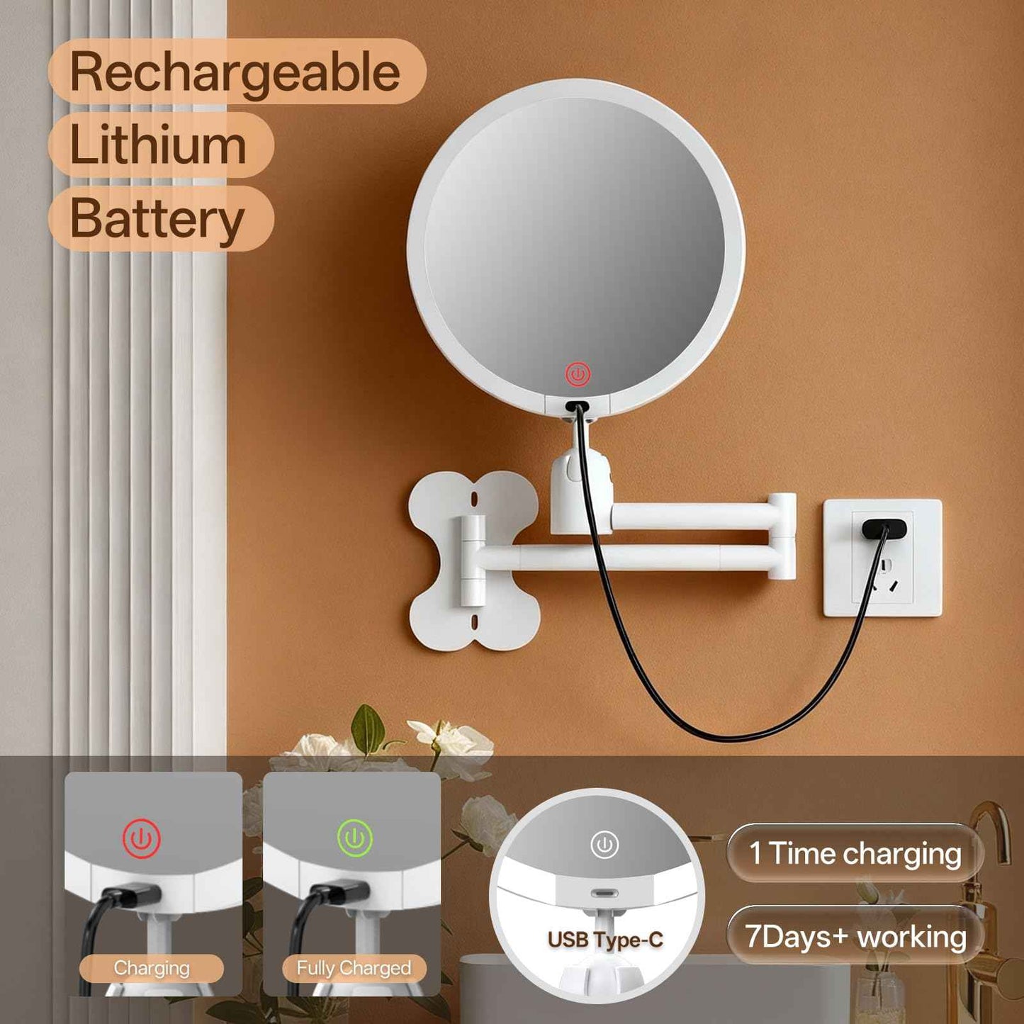 6" Led Wall Mounted Makeup Mirror Double Sided 1/20X, 1-Second Install Lightweight Compact Wall Mirror with Light, Rechargeable Extendable Magnifying Mirror for Bathroom, Wall Vanity Mirrors (1+20X)