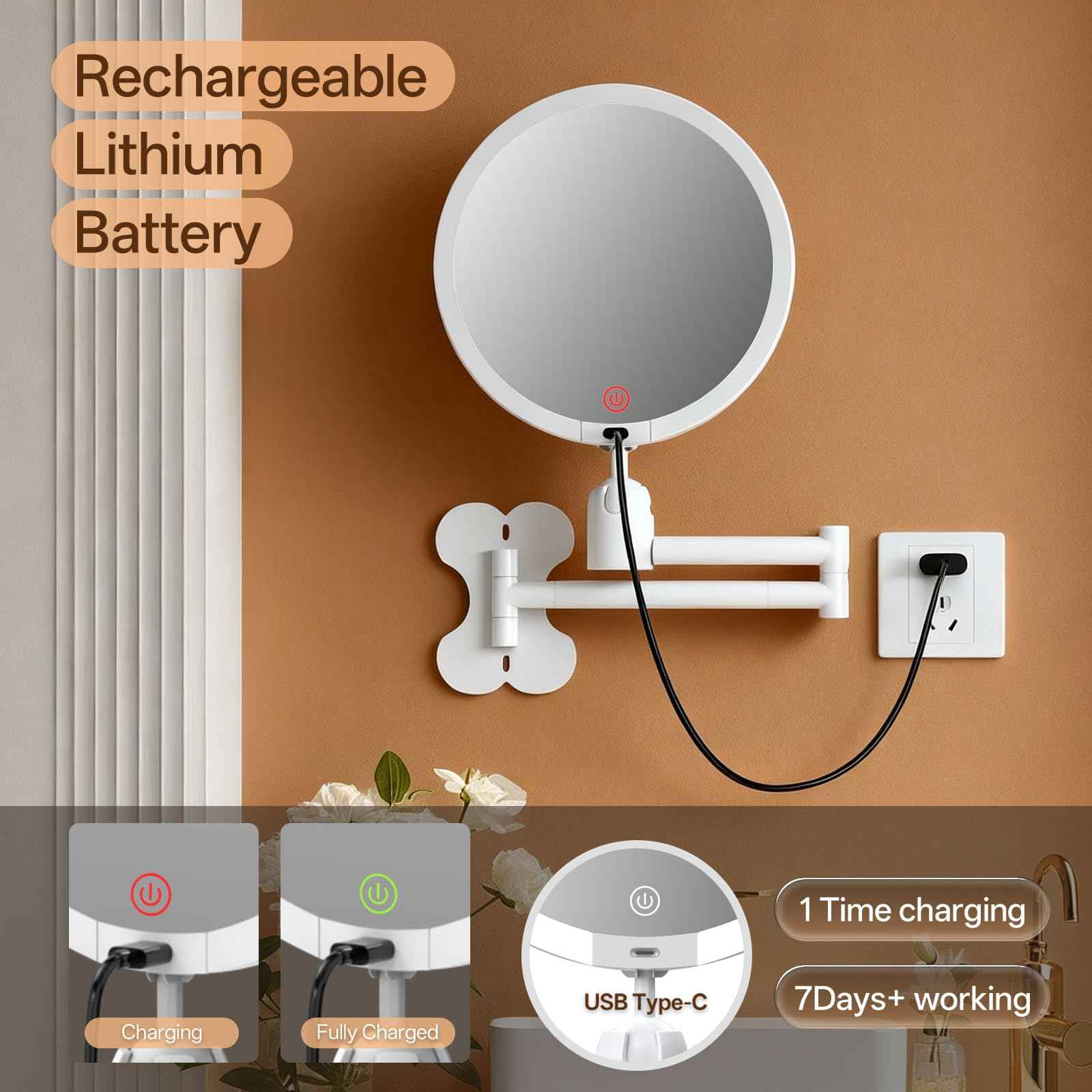 6" Led Wall Mounted Makeup Mirror Double Sided 1/20X, 1-Second Install Lightweight Compact Wall Mirror with Light, Rechargeable Extendable Magnifying Mirror for Bathroom, Wall Vanity Mirrors (1+20X)