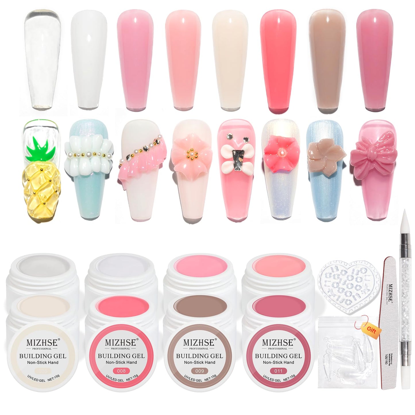 MIZHSE Solid Builder Gel Kit 8 Colors, Hard Gel for Nails Non Sticky Solid Builder Gel Nail Extension Kit Sculpture Gel Clear Pink White with Silicone Pen Nail File for Carving Modeling Nail Art Gift