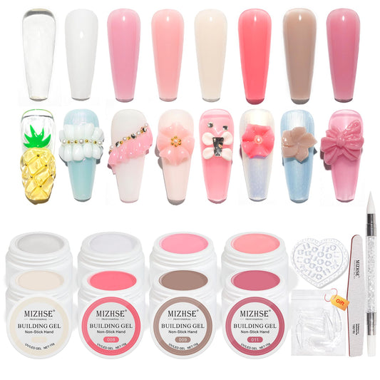 MIZHSE Solid Builder Gel Kit 8 Colors, Hard Gel for Nails Non Sticky Solid Builder Gel Nail Extension Kit Sculpture Gel Clear Pink White with Silicone Pen Nail File for Carving Modeling Nail Art Gift