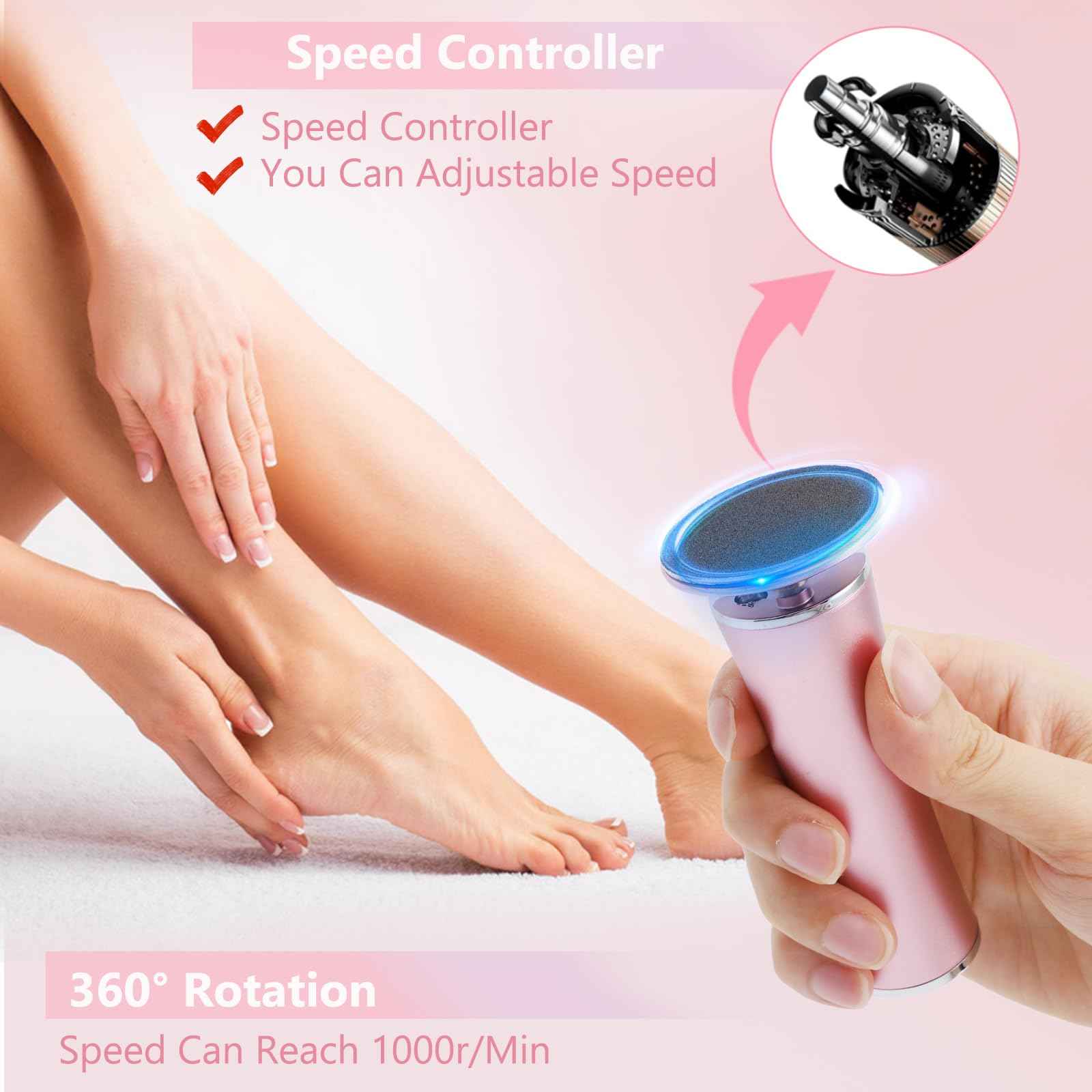 Electric Foot Callus File, Adjustable Speed Foot Grinder with 60pcs Reusable Sandpapers, Portable Foot Care Tool for Men & Women, Ideal for Home or Professional Pedicure Use (Pink)