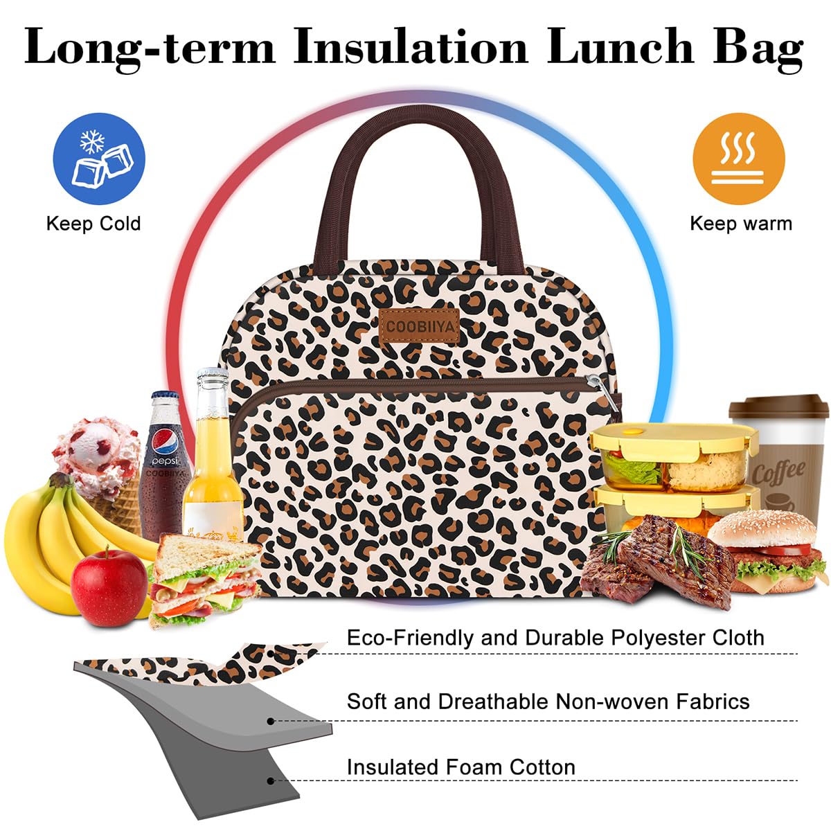 Coobiiya Lunch Bag Women, Lunch Box Lunch Bag for Women Adult Men, Small Leakproof Cute Lunch Tote Large Capacity Reusable Insulated Cooler Lunch Container for Work/Office/Picnic/Travel-Leopard