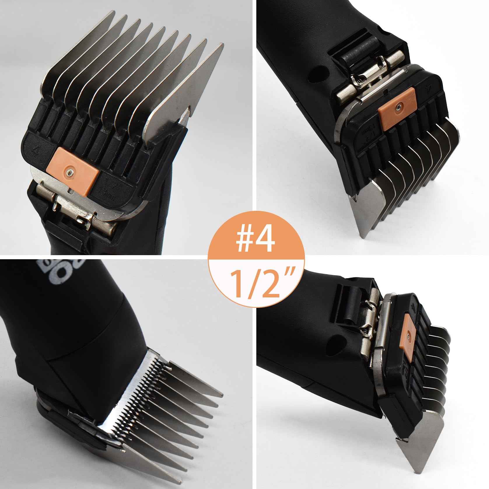 4 Pieces Animal Stainless Steel Attachment Guide Guard Combs for A5 Style Detachable Blade Pet Groomers, 1/8", 1/4", 3/8", 1/2" Compatible with Wahl KM Series Andis AG BG Oster A5 A6 Animal Clippers