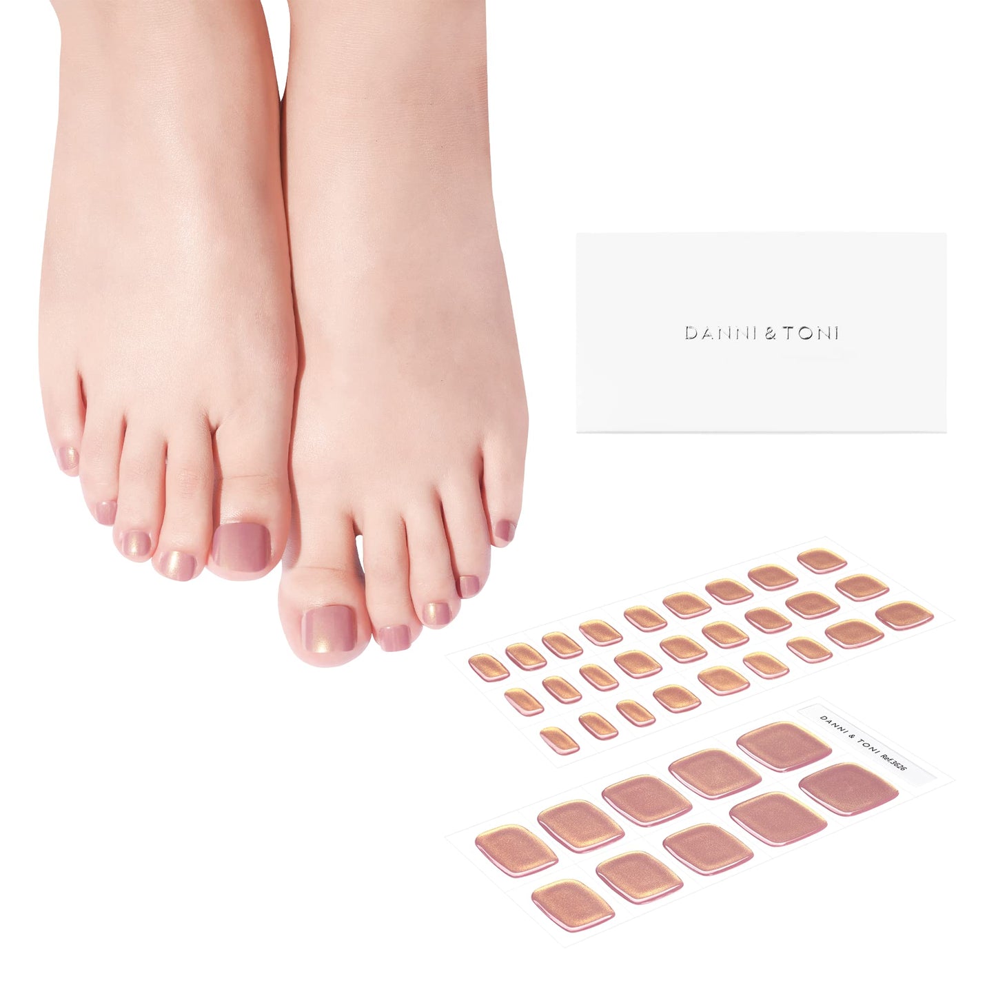 DANNI & TONI Semi Cured Gel Toenail Strips (Rose Gold Glow) Mirror Gel Toenail Stickers Toenail Polish Strips 37 Stickers