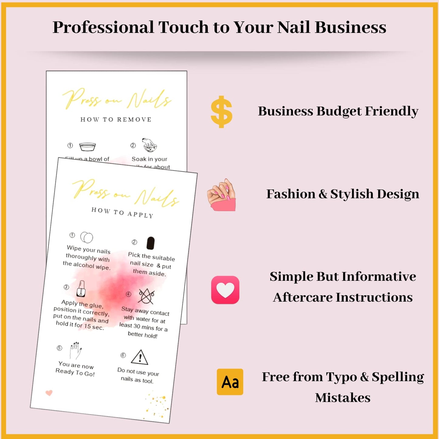 Press on Nail Instructions Cards 100pcs 2 x 3.4 Inch Artificial Nail Aftercare Business Card Application Small Business Packaging Supplies