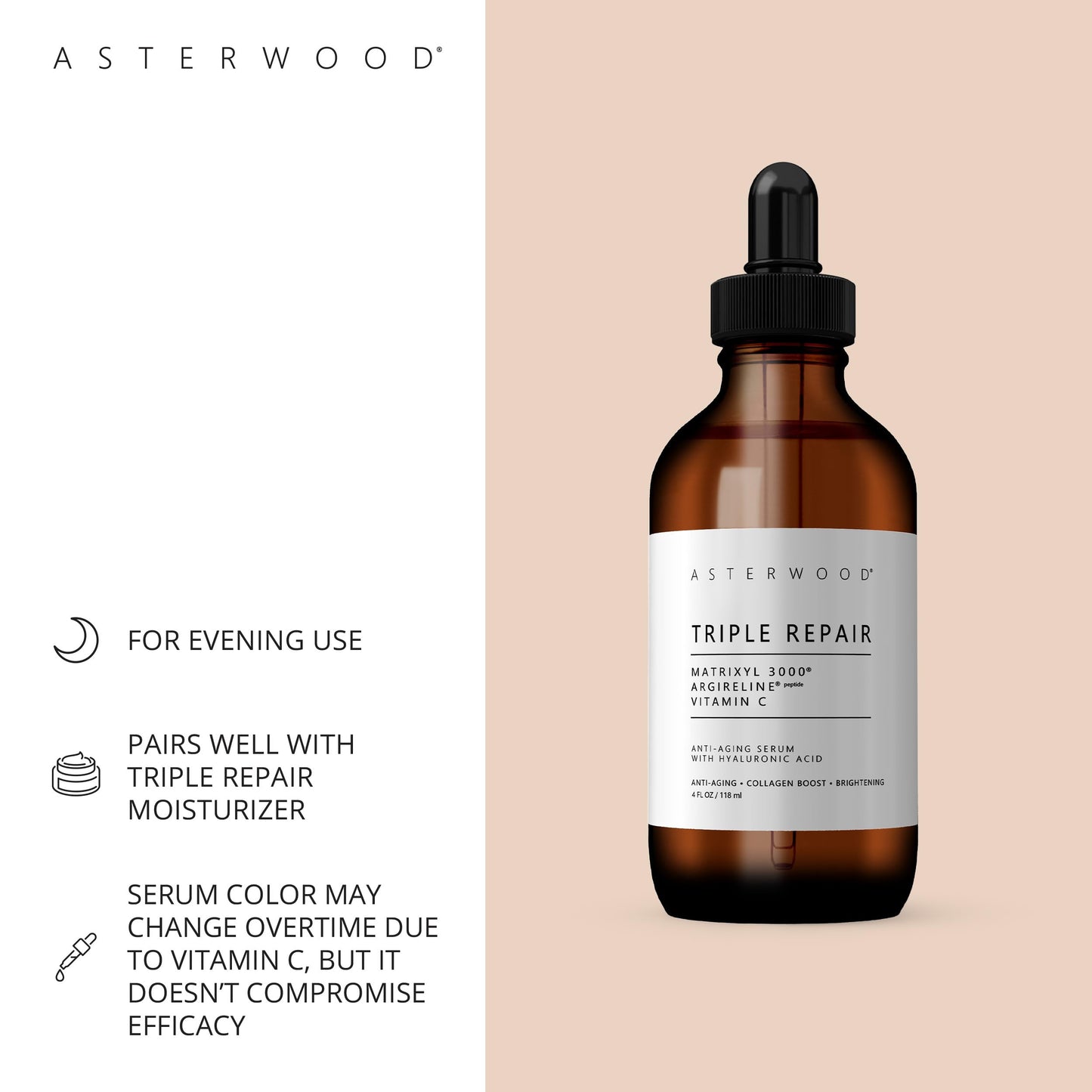 Asterwood Triple Repair Matrixyl 3000 + Argireline + Hyaluronic Acid + Organic Vitamin C Serum for Face; Anti-Aging Face Serum, Anti-Wrinkle Serum, Facial Skin Serum Skin Care, 118ml/4 oz